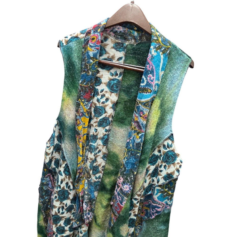 Boho Patchwork Floral Paisley Drape Open Front Knit Vest Green Blue Multi Goblin